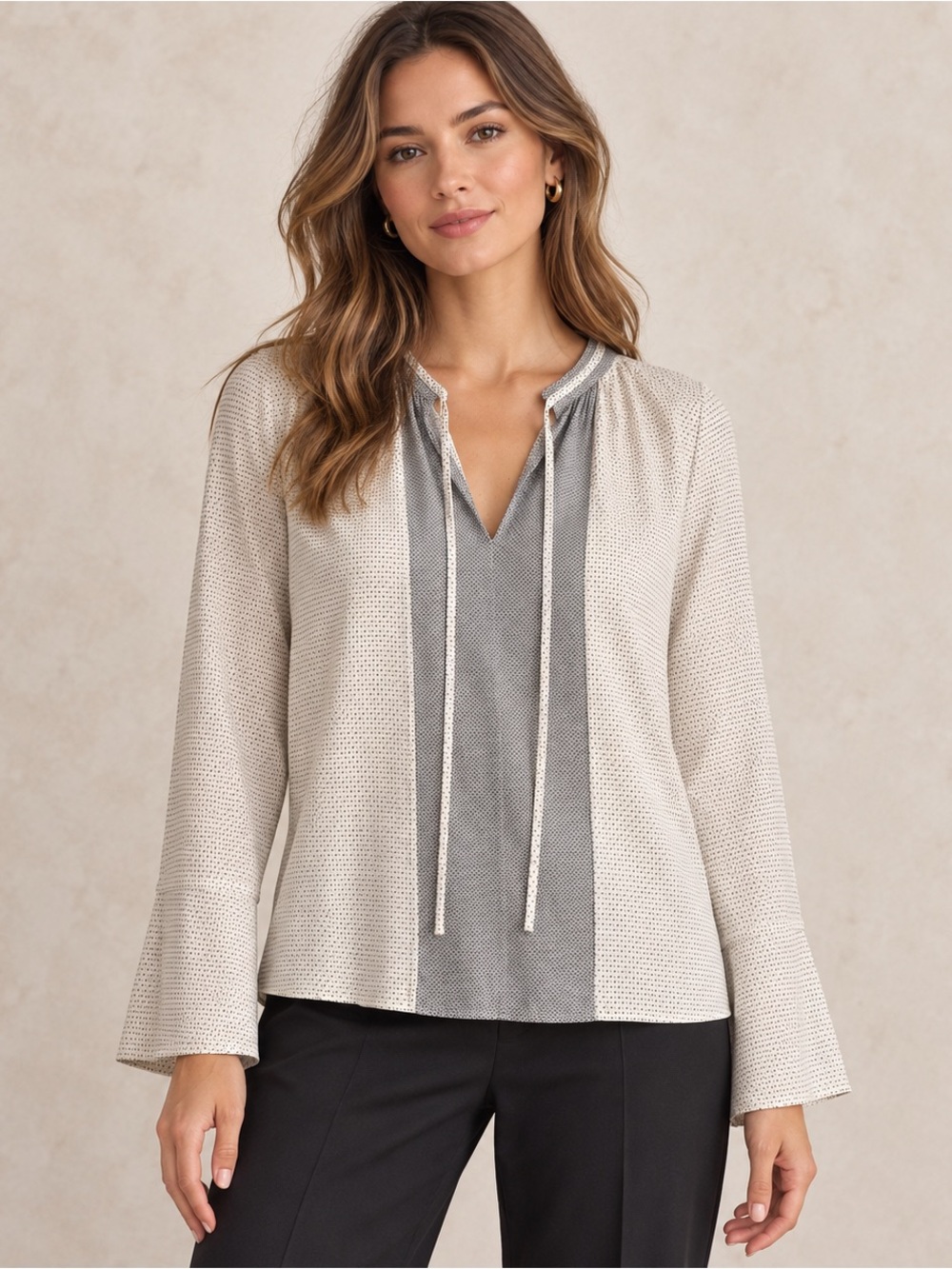 Derek Lam Silk Top Black and Light Cream micro Polka Dot US 12